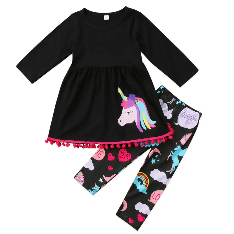 2-7 Year Toddler Kid Baby Girl Unicorn Outfit Clothes T-shirt Top Dress+Long Pants Set 2020 New Year Girls clothing set