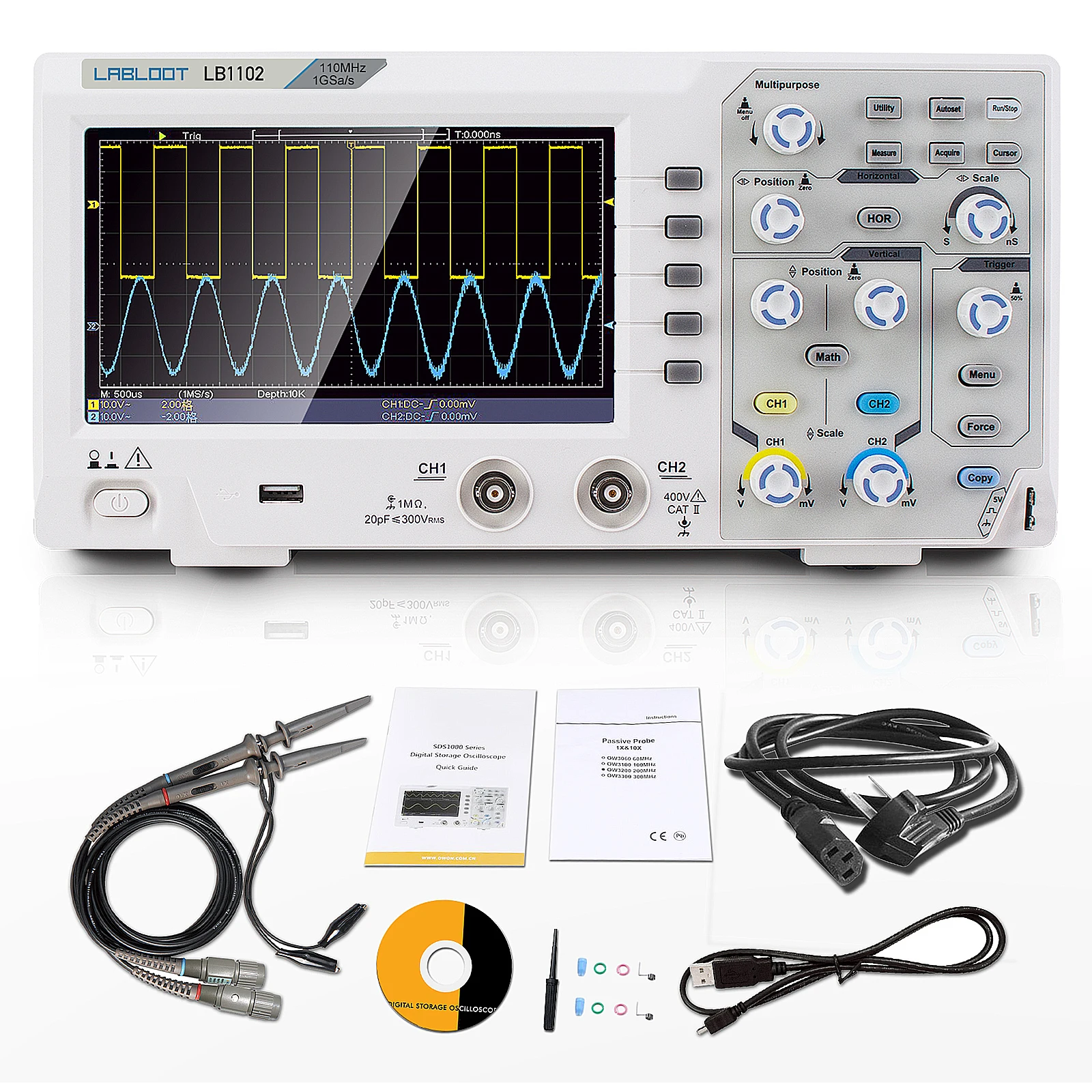 Labloot LB1102 Digital Oscilloscope 2-Channel Oscilloscopes 110MHZ Bandwidth 1GS/s High Accuracy Oscilloscope