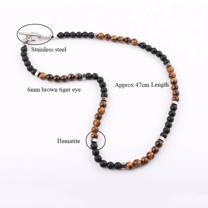 New Design Natural Stone Brown Tiger Eye Matte Onyx Beads Choker Necklace For Men 18inches