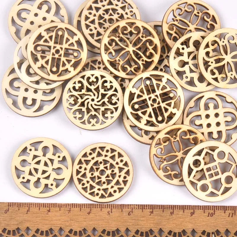 20Pcs 29mm Natural Wood Crafts DIY Scrapbooking Handmade Accessory Flower Lace Pattern Wooden Ornaments Home Decor Arts m2208