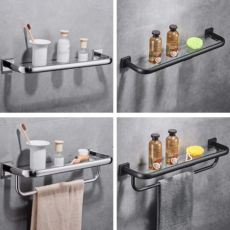 Imagem -02 - Stainless Steel Banheiro Prateleiras Polido Rack Wall Mounted Shelf Suporte de Toalha Toalheiro Vidro Cromado Punch Hardware 304