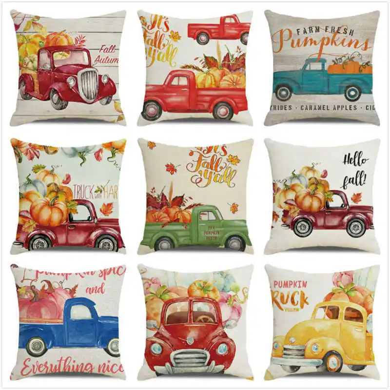 Happy Thanksgiving Watercolor Pumpkin Truck Throw Pillow Case Linen Sofa Seat Cushion Cover Festival Party Home Decor Pillowcase