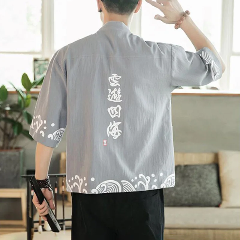 

2020 Men Japanese Kimono Print Yukata Coat Summer Seven-point Sleeve Suit Linen Jacket Male Samurai Japan Haori Cardigan Costume