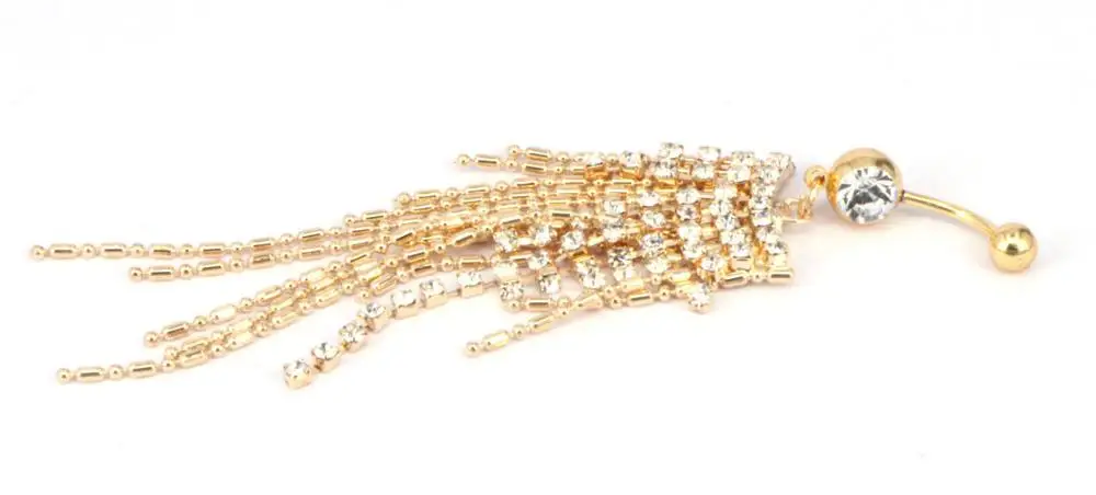Fashion Golden-color Navel Button Ring With Shiny Gems String Charm Belly Nailing Body Piercing Jewelry