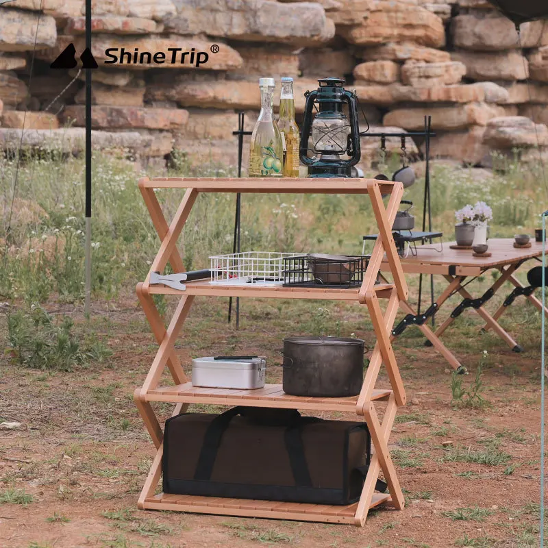 Outdoor 4 Layer  Camping Picnic Storage Rack Portable Foldable multi-layer Shelf Wood Cookware Rack Folding Table