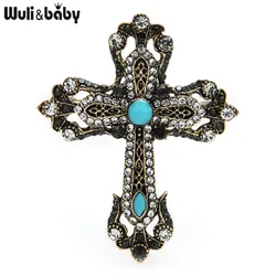 Wuli&baby Blue Rhinestone Cross Brooches Women Unisex 2-color Vintage Cross Office Casual Brooch Pins Gifts