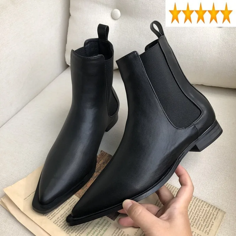 

Toe Autumn Winter British Pointed Womens Ankle Slip On Split Leather Black Flat Female Chelsea Boots Zapatos De Mujer