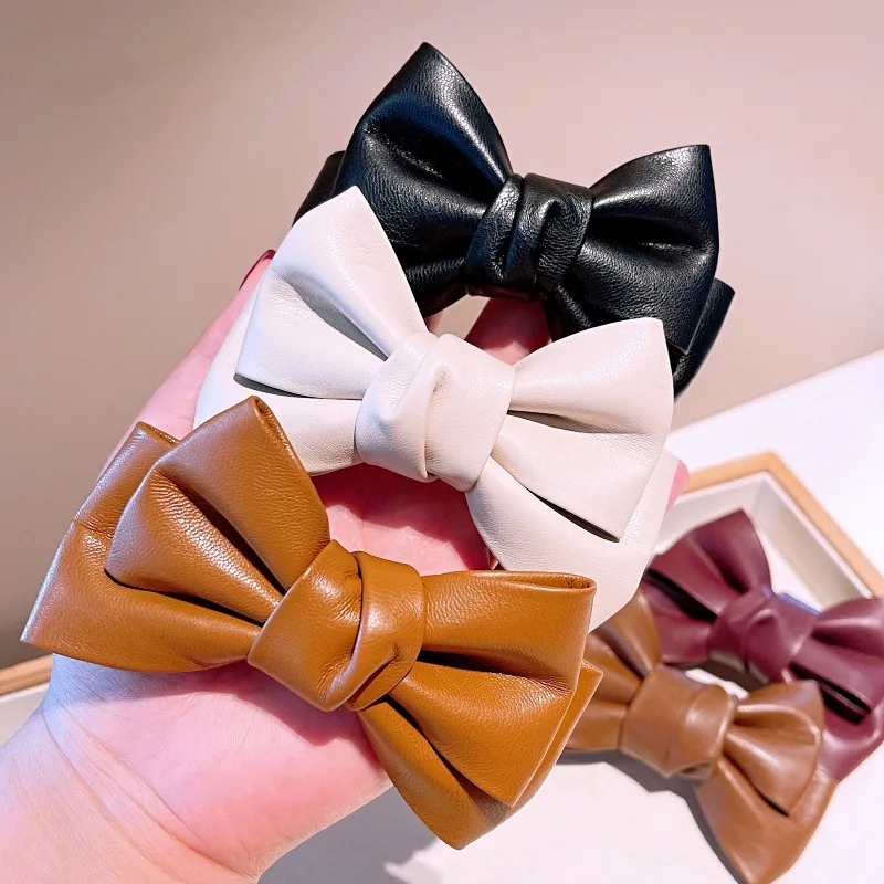 new style hairpin autumn and winter French retro pu leather bow hairpin temperament hair accessories bangs clip hair accessories