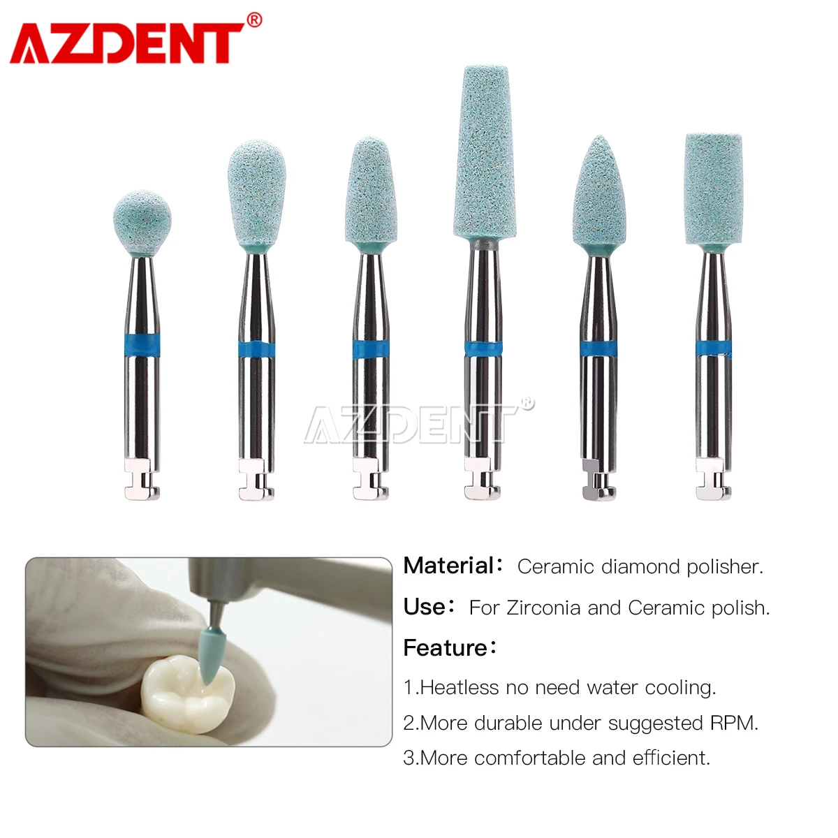 Azdent dental cerâmica diamante polimento cabeça polidor moedor de pedra zircônia porcelana grão grosso haste diâmetro ra 2.35mm