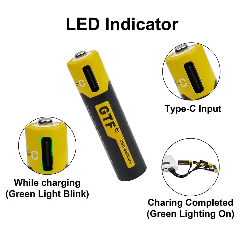 Batería AAA de carga USB tipo C, 1,5 V, 500mah, 750 mWh, iones de litio, 4 en 1, Cable de carga USB tipo C, indicador de carga LED