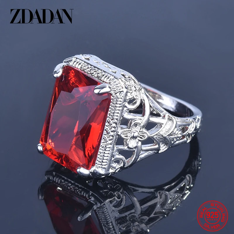 ZDADAN 925 Sterling Silver Square Ruby Ring For Women Fashion Wedding Party Jewelry Gift Wholesale