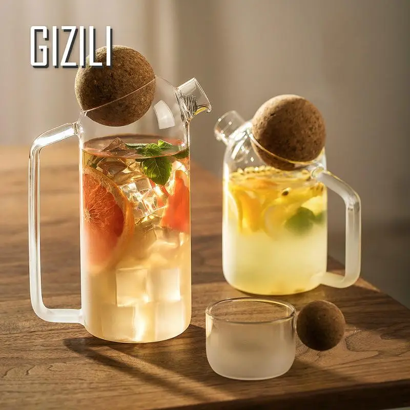 Heat-Resistant Glass Teapot Household Flower Teapot with Wooden Ball Cover Fruit Juice Container Water Jug Office Home Tool