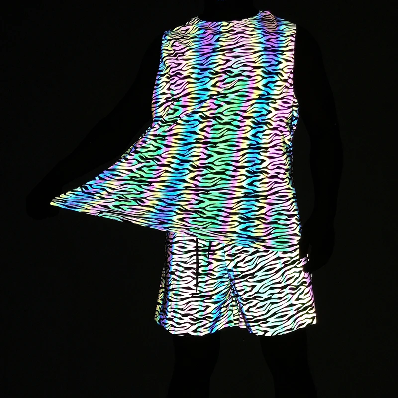 Summer Tracksuit Sets Colorful Reflective Tank Top Elasticity Breathable Sportswear Vests Light Reflection Jogging Men Shorts