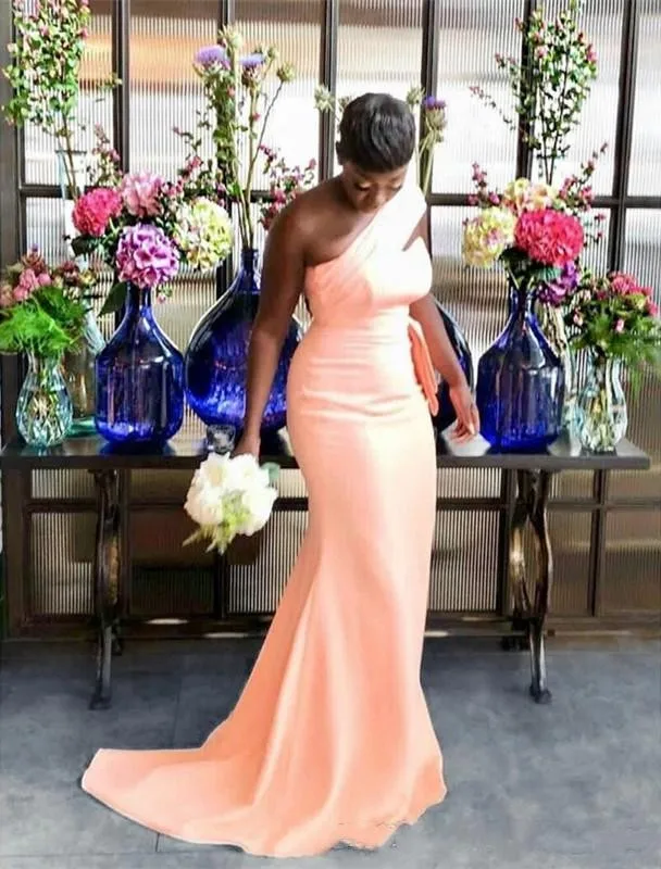 2021 African One Shoulder Bridesmaid Dresses Long Elastic Satin Black Girls Bridesmaid Dress Wedding Party Gowns