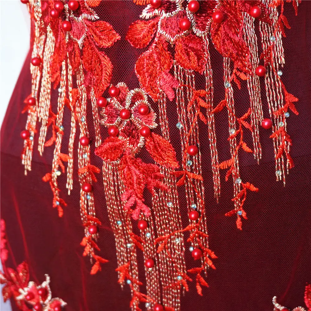 1 Set Red Lace Fabric Flower Tassel Beads Rhinestone Embroidered Wedding Gown Appliques Mesh Sew Patch For Dress DIY Decoration