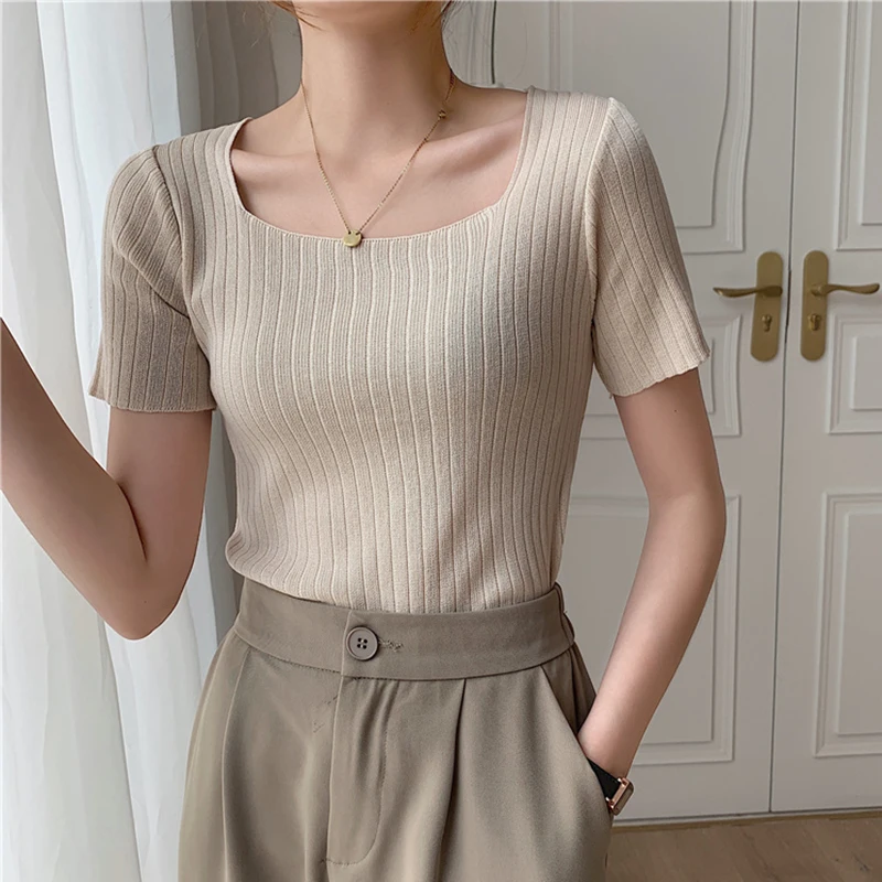 

AOSSVIAO 2024 Korean Sweater Women Knitted Sweaters for Women Short Sleeve Basic White Sweater Summer Knit Pullover Sweaters