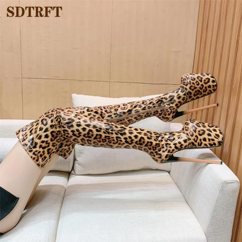 SDTRFT Pole dancing 20cm thin heels Stiletto over the knee long boots platform Women PUNK Pumps 22cm ladies Leopard print Shoes