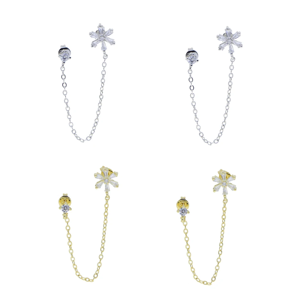 Romantic Tassel Chain Simple Prong Set CZ Dainty Cute Lovely Zirconia Flower Double Piercing Earring