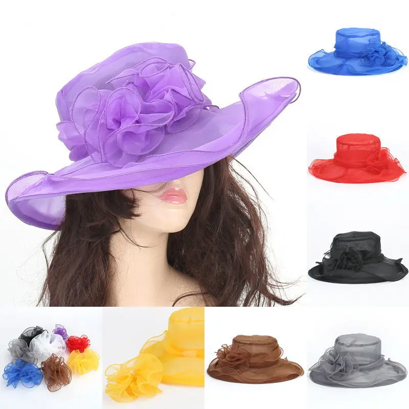 Chapeau de mariage élégant pour femme, maille de fleurs, crème solaire, tri Derby et couvre-chef, chapeaux de soleil d\'église en organza violet