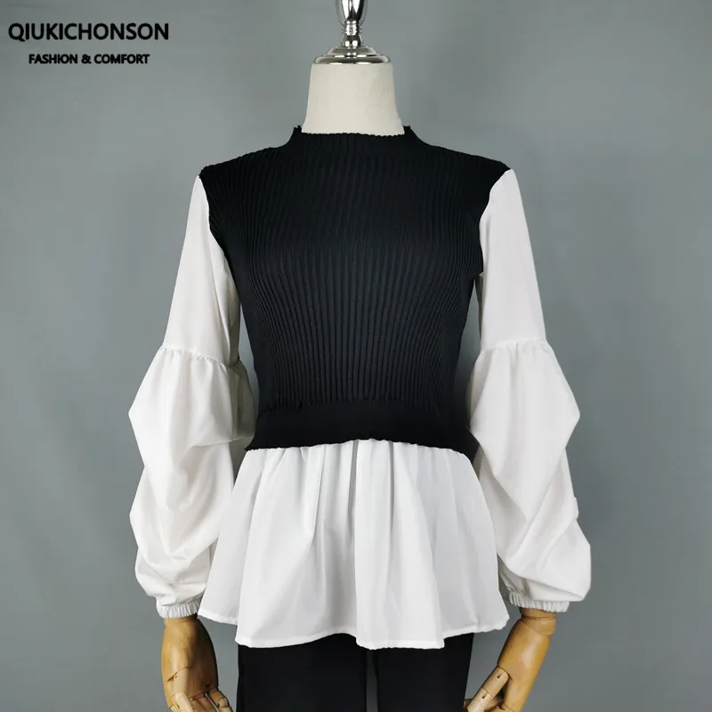 Korean fashion knit stitching false two pieces lantern sleeve shirts kawaii ladies high neck peplum top ruffle blouse