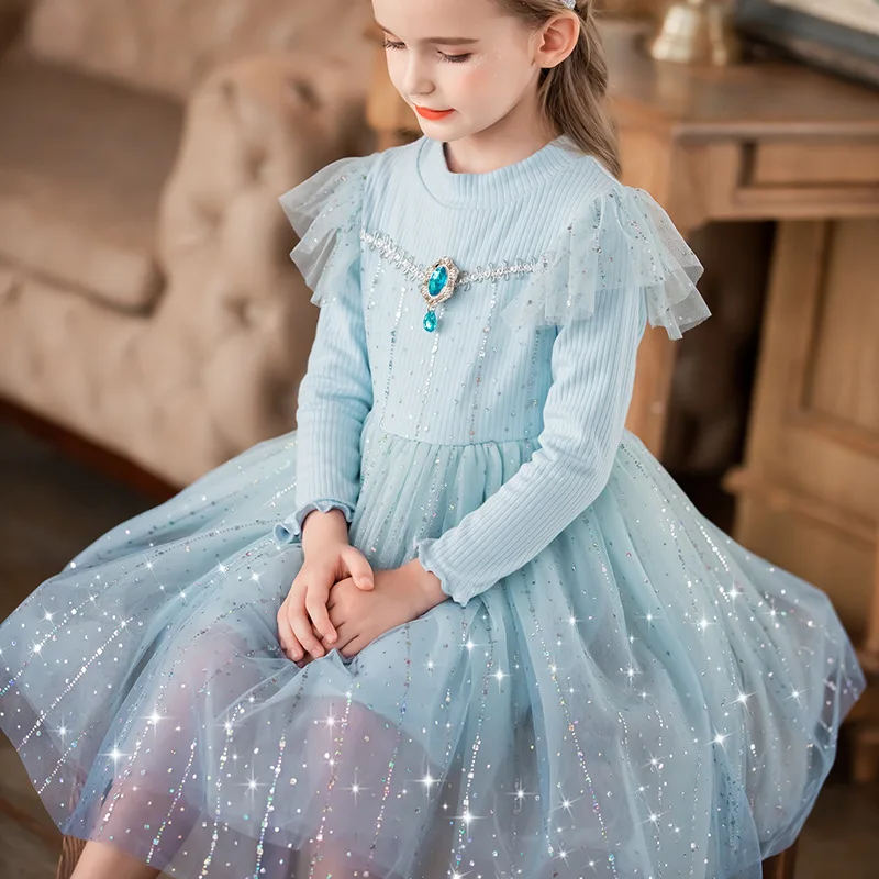 Princess Winter Long Sweater Dresses For Girls Kids Warm Cashmere Wedding Party Dress Knitted Evening Dress for 4 7 9 12 14 Year