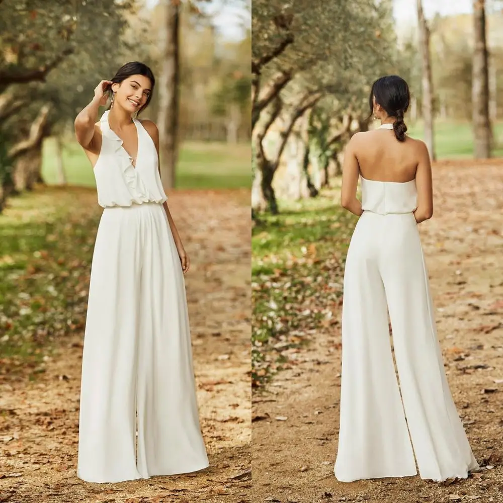 Bohemian Wedding Overall Halter Chiffon Knöchel Länge Einfache Strand Hochzeit Kleid Hosen Anzug Sommer Roben De Mariée