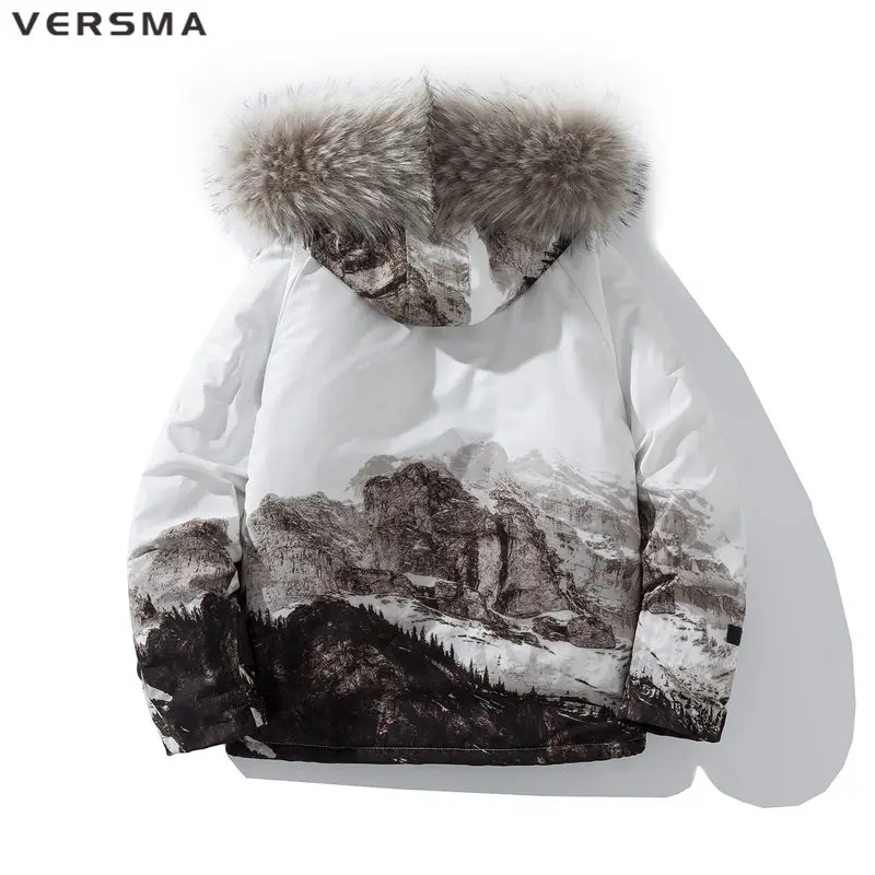 VERSMA Japanese Harajuku Trendy Snow Mountain Print Parka Men Winter Warm Thick Cotton Padded Unisex Fur Parka Male Dropshipping