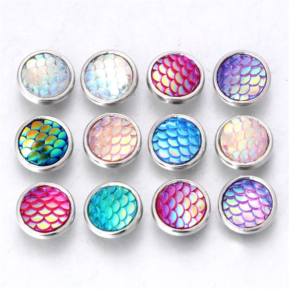 10pcs/lot New Mixed Fish Scales Resin Snap Round Mini Snaps Buttons for Snaps Jewelry Fit 12mm Snap Bracelets Earring ZL217