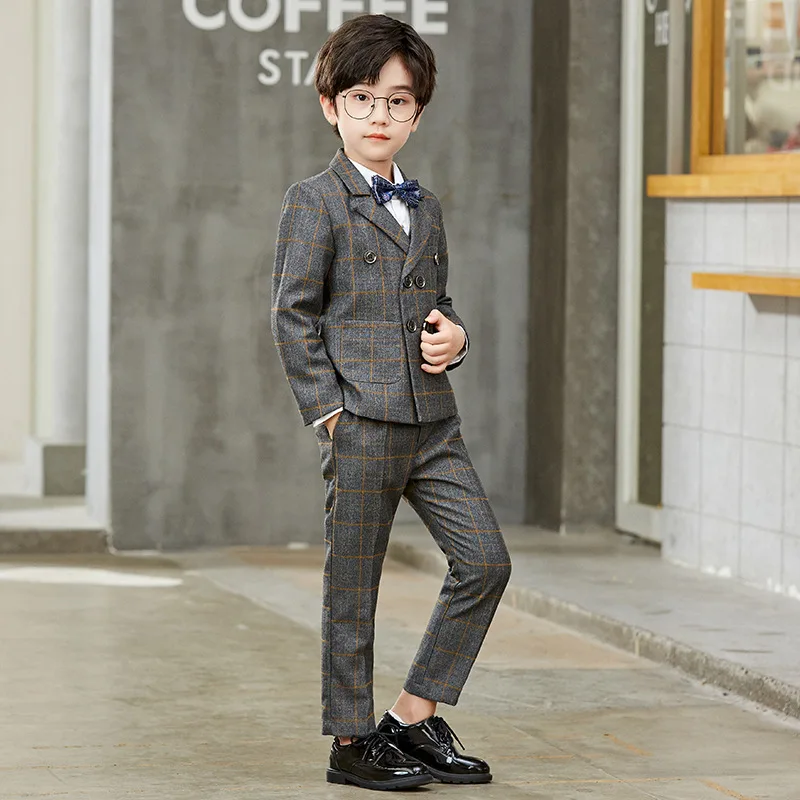 

Child Formal Plaid Dress Suit Set Korean Autumn Winter Boys Wedding Host Party Costumes Kids Double Breasted Blazer Vest Pants