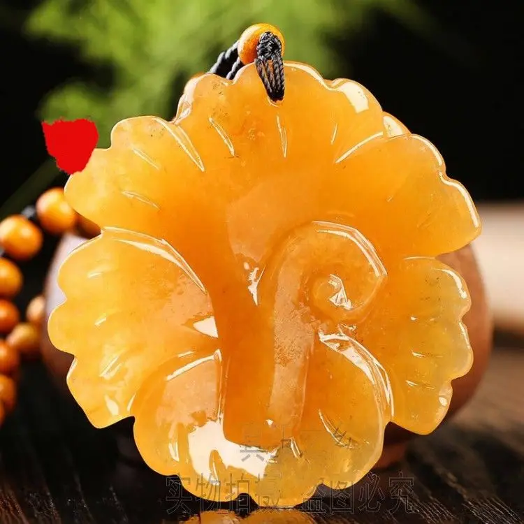 Beautiful Golden jade Carven peony Pendant Amulet Hanging Huang Long Jade Necklace