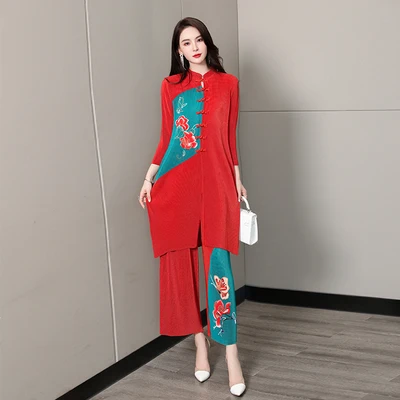 

HOT SELLING Miyake Fashion fold Chinese style three quarter Buckle dress + Wide-leg cropped trousers print suit IN STOCK