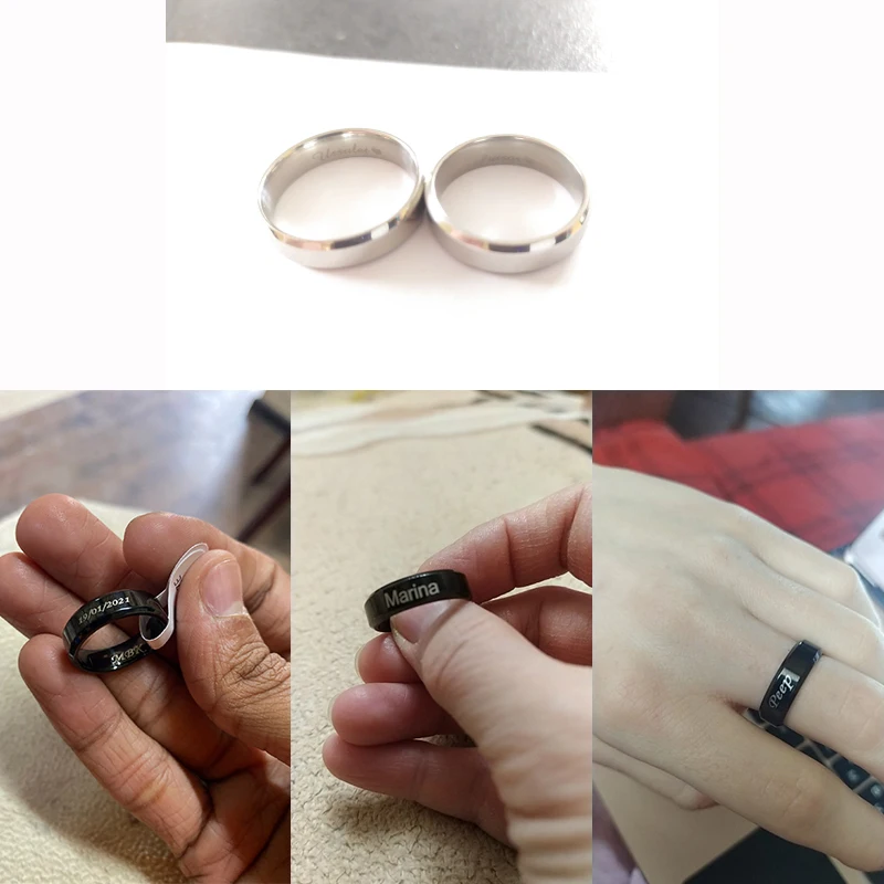 Akizoom Personalized Customized Engraved Name Couple Rings Stainless Steel for Women Men Wedding Band Lovers Engagement Gift