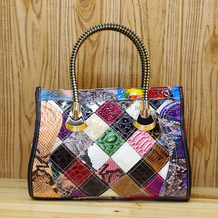 Genuine Leather Colorful plaid Snake Pattern Handbag Color Block Random stitching Shoulder Bag Shiny Color Block Tote bag 498