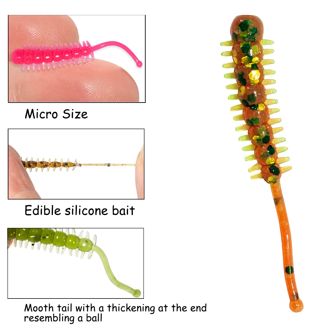 Edible Silicone Bait Hiroko Sinking Soft Lures Micro Caterpillar 38mm 0.2g 10pcs Jig Head Drop Shot Carp Fly Rock Fishing Lures