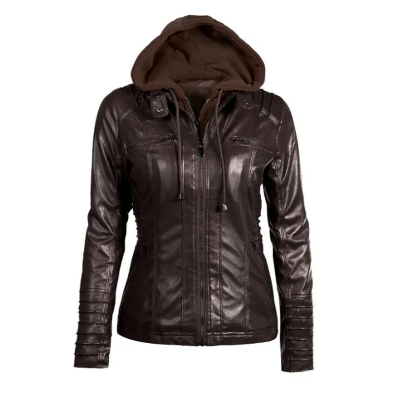 Customizable Hooded Leather Jacket Autumn Winter women's with zipper leather jacket short PU jacket coat Suit Jackets