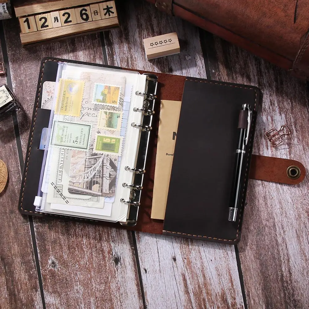 Handmade Leather Journal Notebook, A6 Ring Binder Organizer Agenda