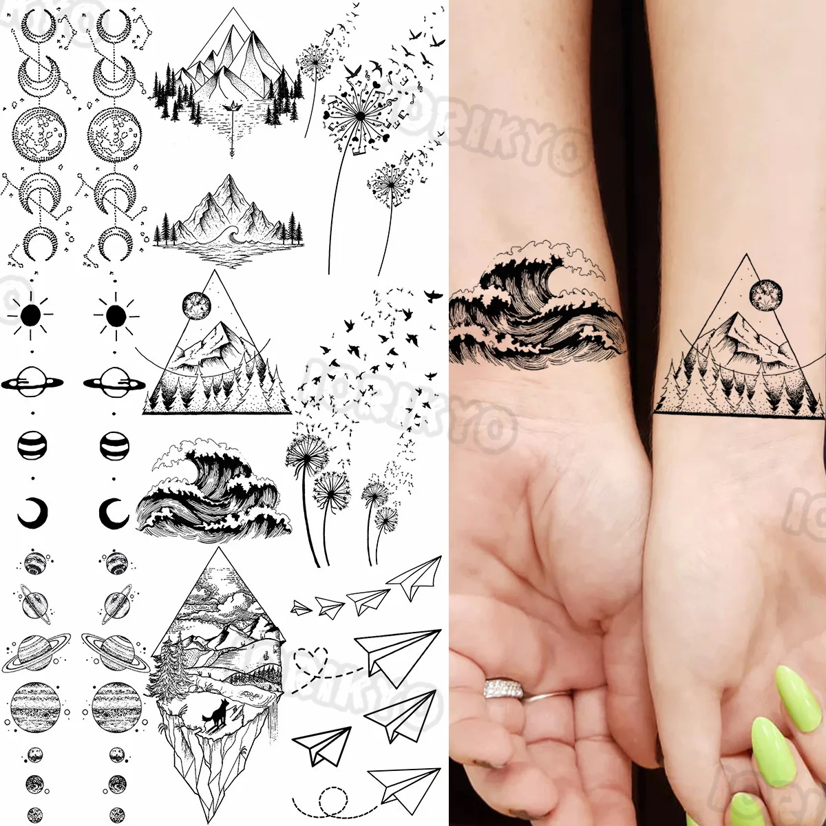 

Черная гора волна маленькие временные татуировки для женщин девочек Планетарная Вселенная Одуванчик поддельные татуировки наклейки на предплечье Tatoos DIY