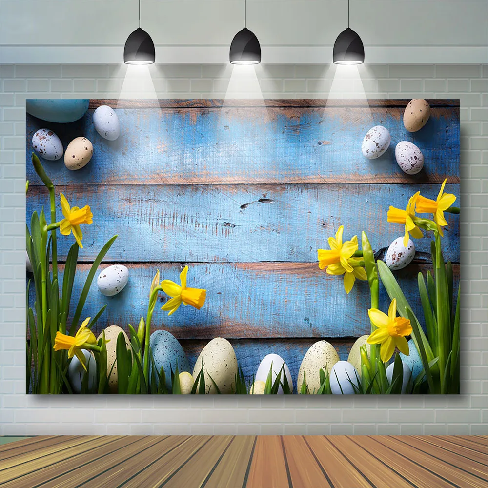 

Easter Blue Wooden Board Background Flower Eggs Decoration Table Festival Flower Wreath Gifts Photography Backdrop Photobooth