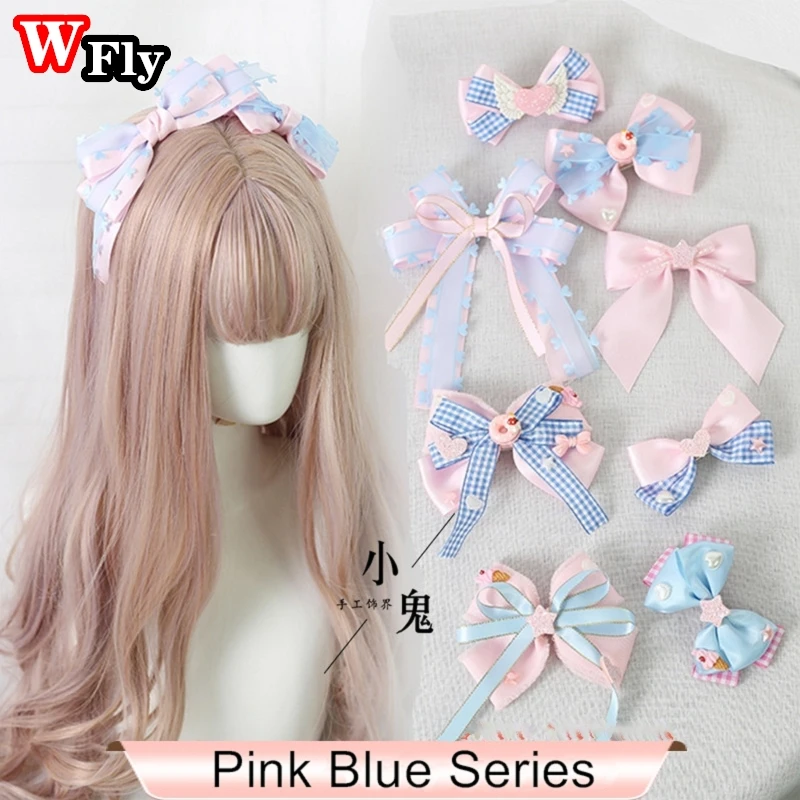 Harajuku kawaii Lolita Pink Blue Lace Bow hairpin headband KC Japanese Women Girls Cosplay hair clip Headwear Hair Accessories