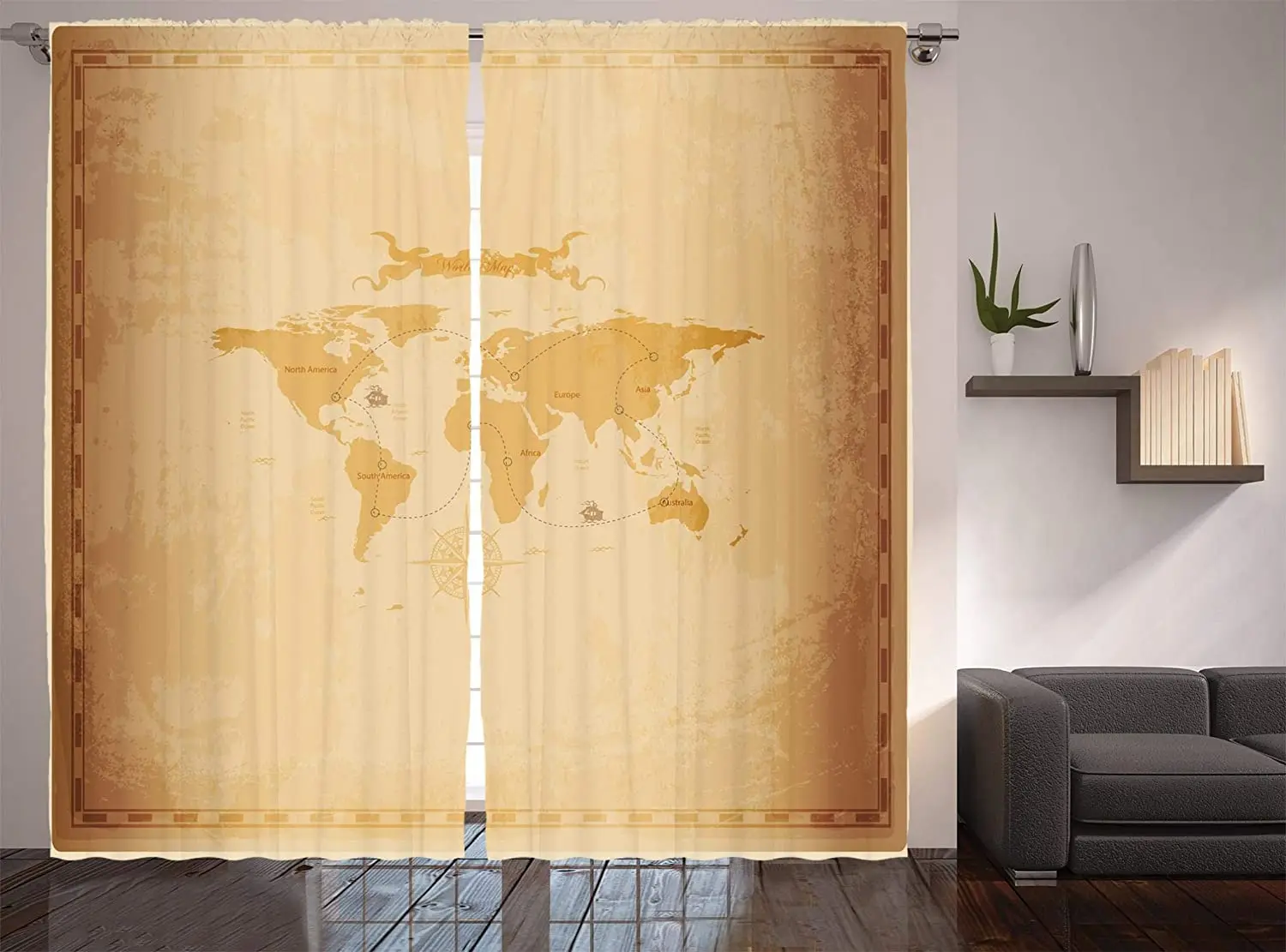 Cortinas com mapa mundi rústico, estilo vintage, com bússola, display grungy, para sala de estar, quarto, janela, café claro