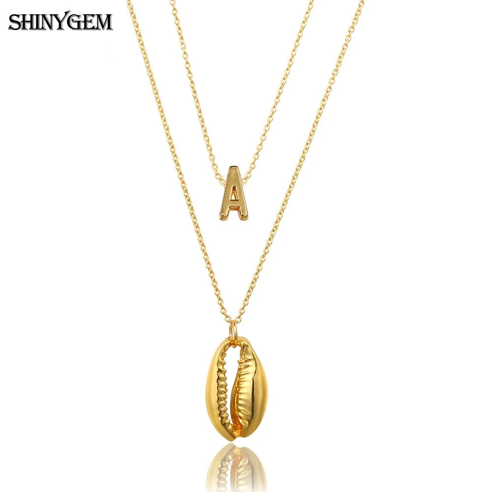 

ShinyGem 2020 Fashion Creative Design Seashell 26 Letters Necklaces Vintage Gold Plating Double Layer Long Chain For Women Men