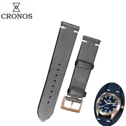 Cronos Watch Parts Black Leather Strap for Watch Flat Ends 22mm Stainless Steel Bronze Tongue Buckle Quick Release Spring Bars