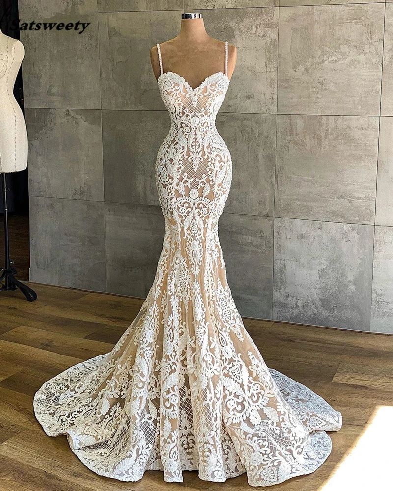 Elegant Full Lace Wedding Dresses Mermaid Beach Wedding Gowns Long Sleeveless Garden Vestido De Novia Boho Abito Da Sposa