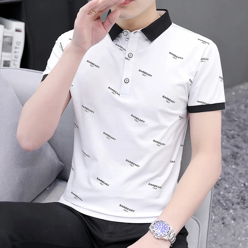 Summer High-Quality Solid Color Men's Short-Sleeved Casual Letter Printing  Polo Shirt Fashion Classic All-match Trend Soft Top