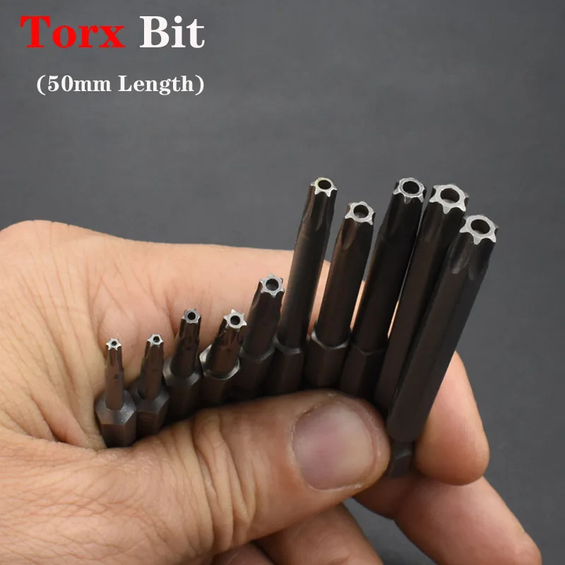 1 pçs 50mm chave de fenda conjunto 1/4 "hex haste torx chave de fenda magnética bits para bolso buraco gabarito t8, t10, t15, t20, t25, t27, t30, t40