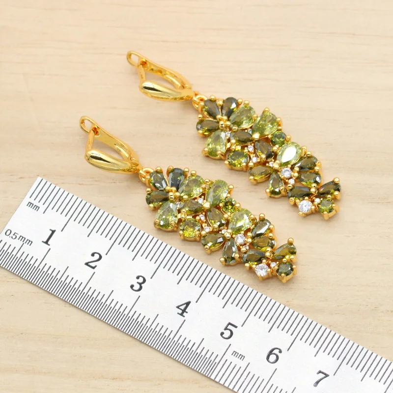 Luxury Green Peridot Gold Color Bridal Jewelry Set for Women Bracelet Earrings Necklace Pendant Ring Birthday Gift