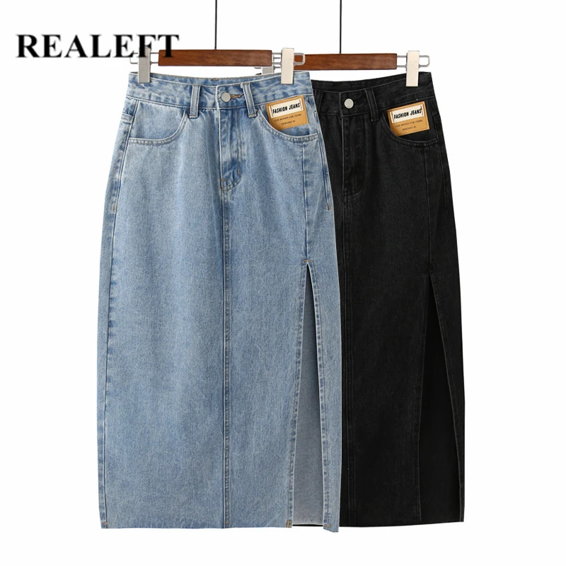 

REALEFT Summer 2021 New Vintage Women's Long Denim Skirts High Wasit Jeans Skirt Straight Female Side Split A-line Pencil Skirts