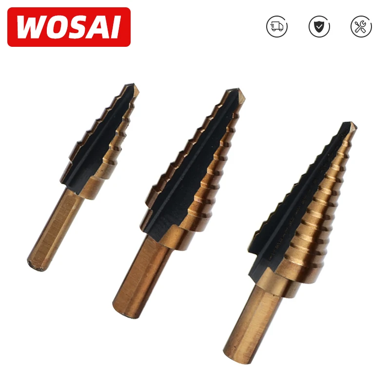 WOSAI 5pcs HSS Cobalt Step Drill Bit Set Titanium Cone Drill Hole Cutter Bit Multiple Hole 50 Sizes Step Drill Bit Power Tool