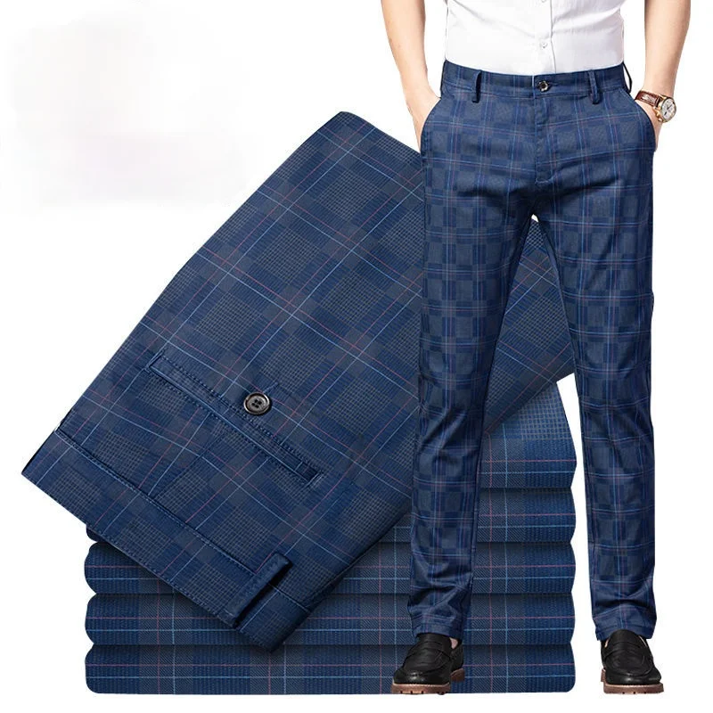 2022 Spring Summer Casual Pants Men Fashion Korean Streetwear Men\'s Straight Slim Fit Pants Trousers Black Plaid Suit Pants Men
