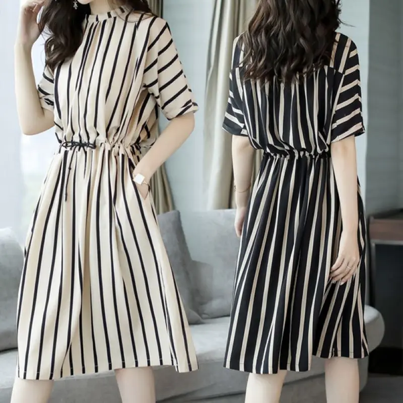 Women's Short Sleeve Vertical Stripe Dress, Cotton, Cool, Beautiful Girl's Clothes, Summer, Large Size, Obese, New, E051